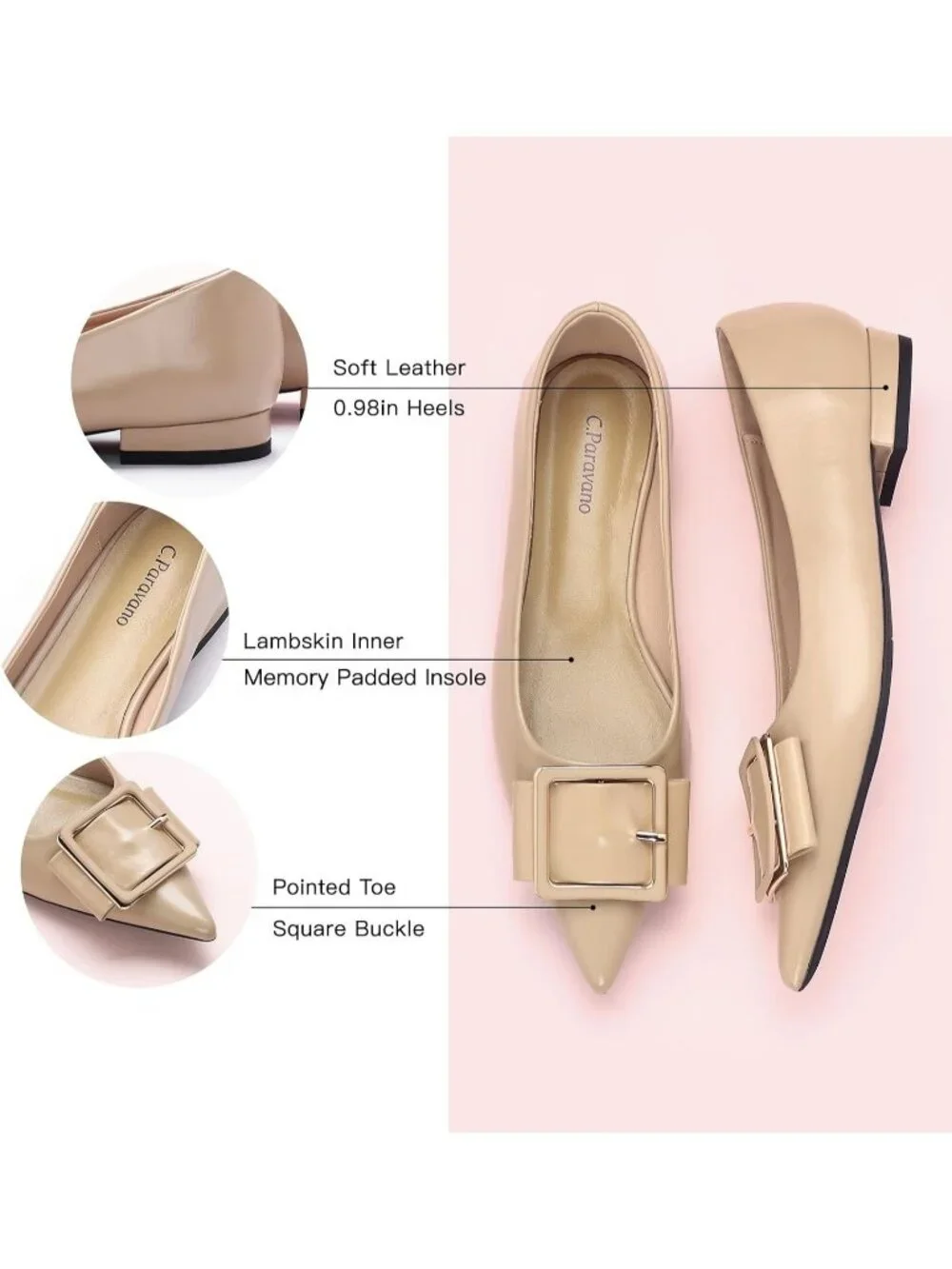 Women's Almond Pointed Toe Square Buckle Flats Elegant Slip-On Comfortable Shoes